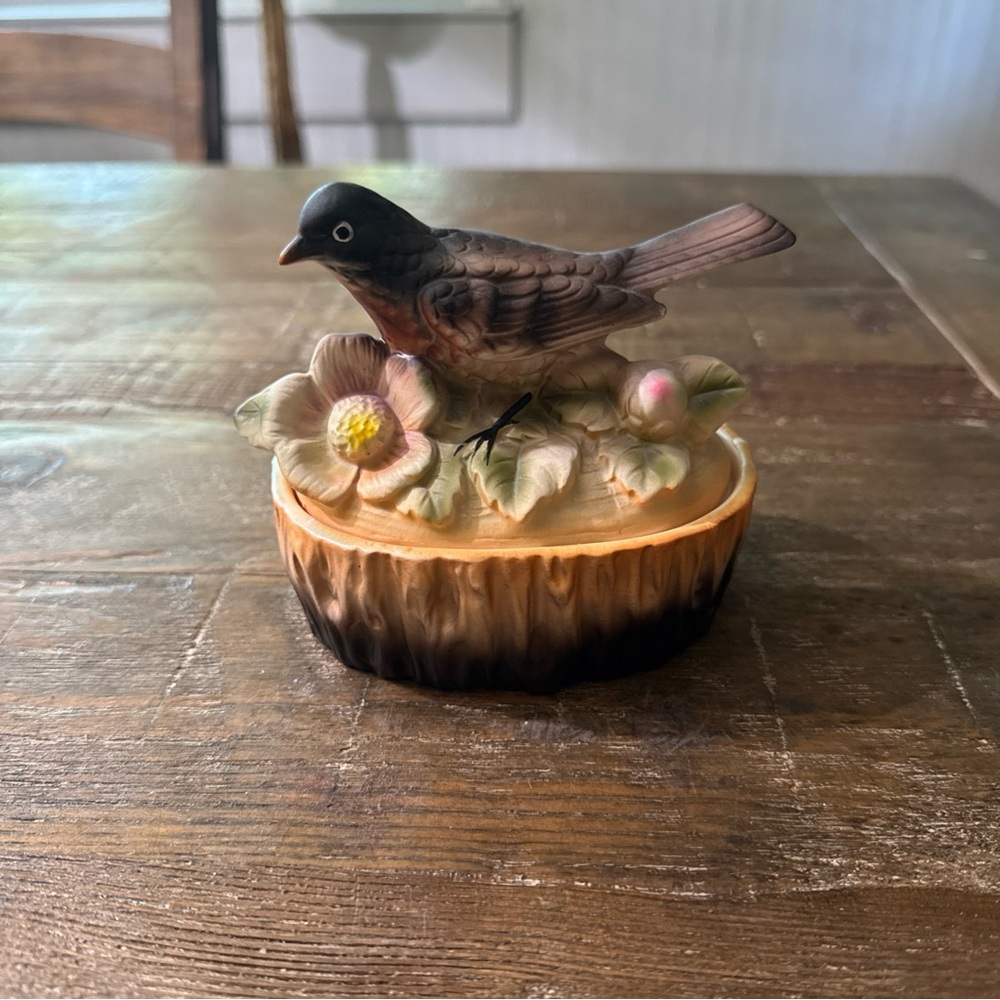 Vintage Japan porcelain Bird Trinket Box on Floral Nest